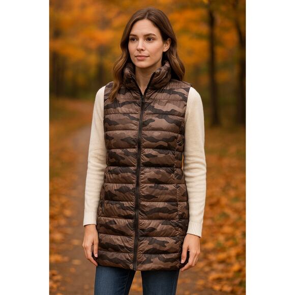 L’Atelier Camo Print Down Puffer Vest Metallic Bronze Quilted Outerwear - Picture 1 of 6
